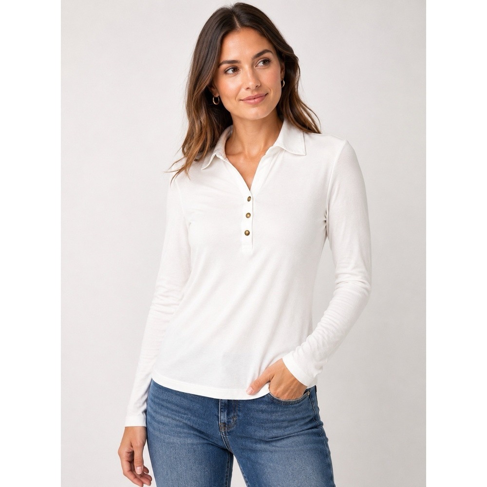 Magaschoni White Micromodal Stretch Long Sleeve Collared Henley Top S